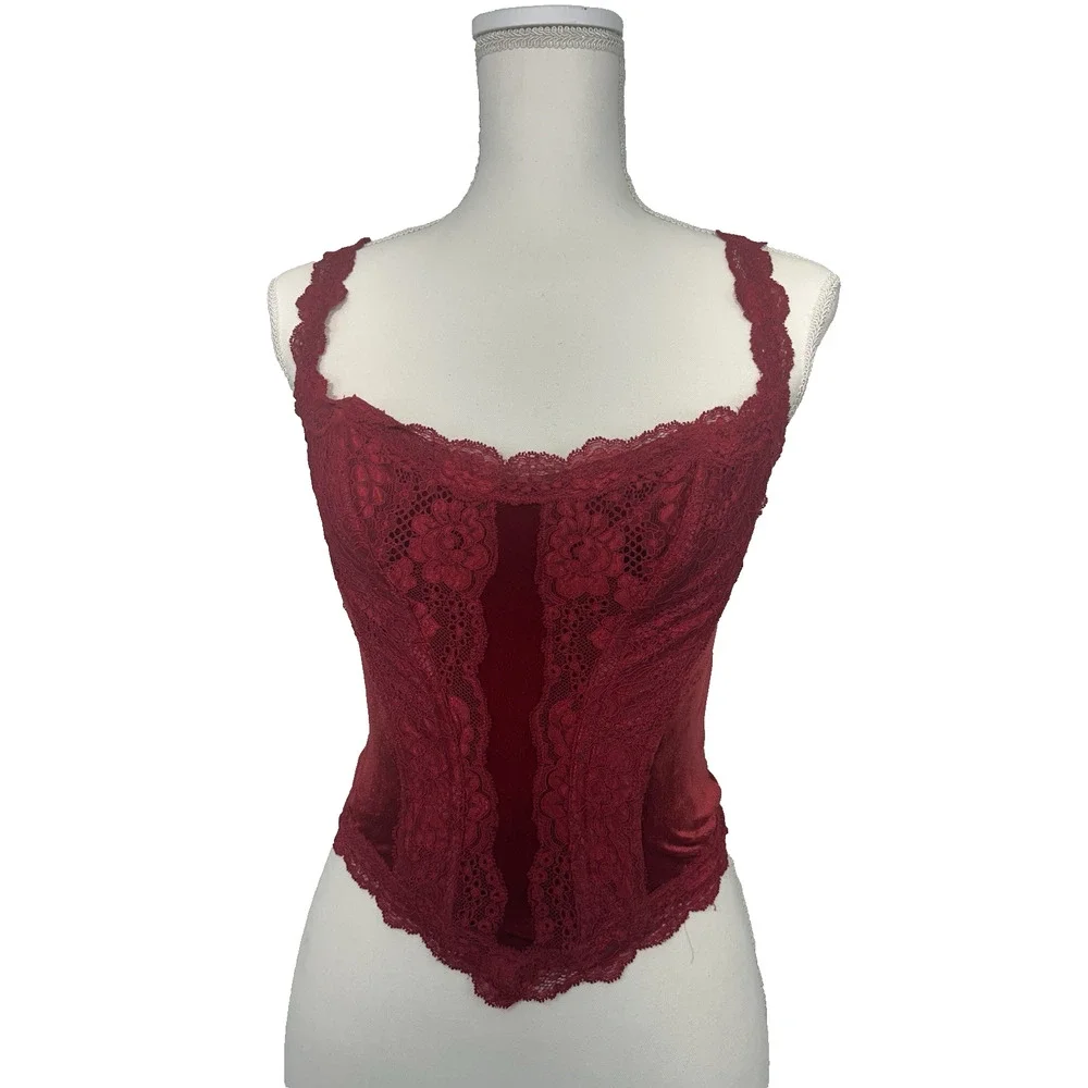 Victoria's Secret Vintage Cranberry Lace & Velvet Corset Bustier set 36/ S panty